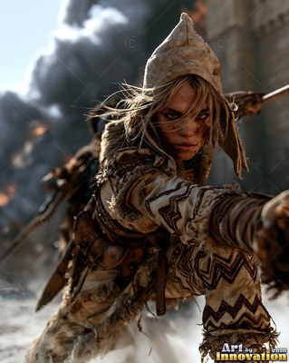 A blonde-haired woman in patterned leather armor reaches forward through battlefield smoke
