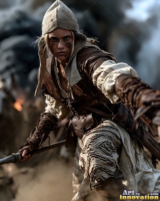 On a smoky field, a warrior woman in a cloth hood charges forward with a spear