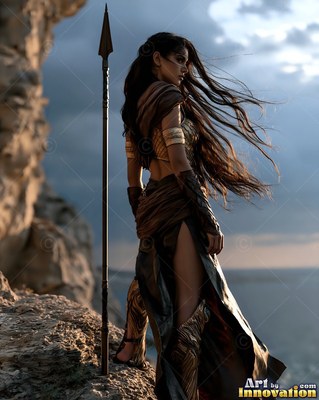 A warrior woman with a tall spear stands on a cliff by the sea