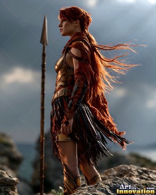 Wearing a gold chest piece, a red-haired woman holds a tall spear on a windy rocky cliff