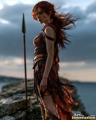 A red-haired woman stands beside a spear on a cliff under a dark gray sky