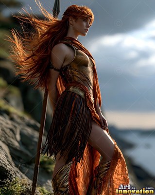 Standing in profile on a rocky cliff, a red-haired woman armored in gold holds a spear
