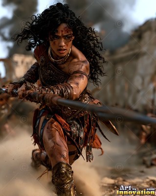 A wounded woman with curly hair charges forward with a spear through dusty ruins