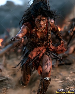 On a dusty battlefield, a fierce woman in leather armor charges with a spear