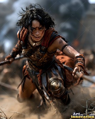 Charging through the dust, a dark-haired woman in leather armor holds a spear