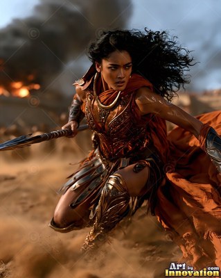 A warrior woman in bronze armor charges with a spear in a desert battle