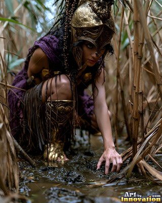 Wearing a gold helmet, a woman crouches in wet mud between tall reeds