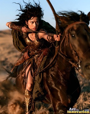 A woman in gold armor rides a dark horse while aiming a wooden bow in warm desert sunlight