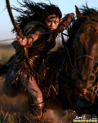Leaning forward on a running horse across open plains, a woman aims her bow