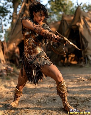 A fierce woman in a golden breastplate crouches with an axe in a dusty camp