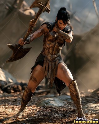 On a dusty battlefield, a dark-haired woman in bronze armor readies a war axe