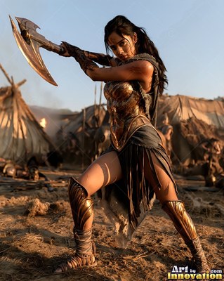 Raising a curved battle axe, a woman in bronze armor stands ready in a dusty camp