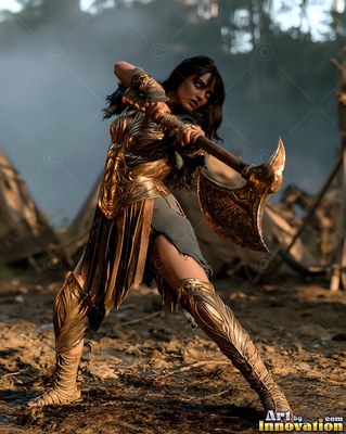 A woman in gold armor swings a large axe on muddy ground