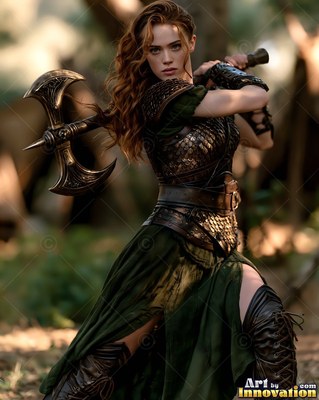 Wearing dark scale armor in a sunlit forest, a red-haired woman holds a battle axe