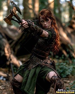 A red-haired woman crouches to aim two axes under soft green forest light