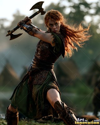 Crouching in a wide stance outdoors, a red-haired woman swings two war axes