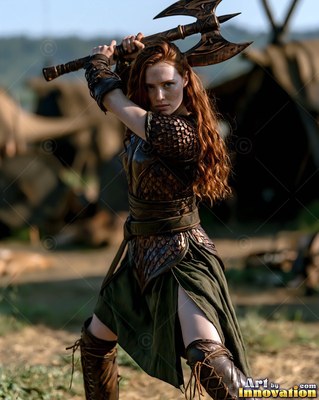A red-haired woman in leather armor holds a battle axe above her head outdoors