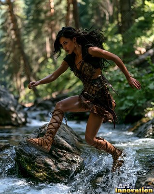 In a forest stream, a dark-haired woman in brown leather leaps across rushing water