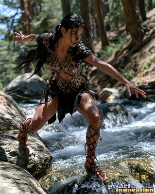 A woman in scale armor crouches on wet rocks over a rushing forest stream