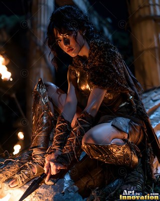 A warrior woman crouches with a spear as warm firelight catches her gold armor