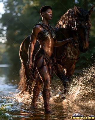 Walking forward through a river, a woman in leather leads her horse