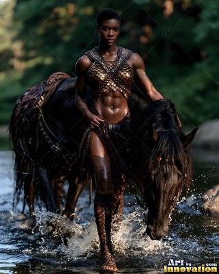 A muscular woman in dark leather armor wades through a river beside her black horse
