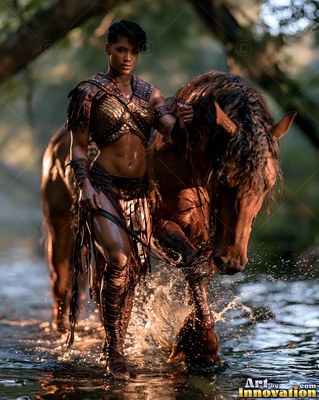 In a shallow river, a woman in bronze armor walks alongside her brown horse