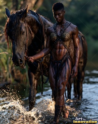 Wading through shallow water, a muscular woman in scaled gold armor leads a dark horse