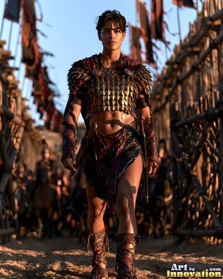 A warrior woman walks forward in scaled bronze armor
