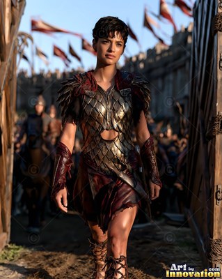 In bronze scale armor outside open wooden gates, a short-haired woman walks into the sun