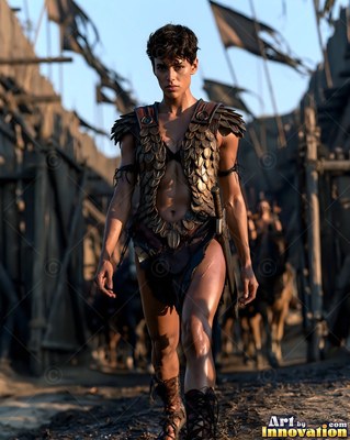 A woman walks forward through a wooden fortress in gold armor under warm sunlight