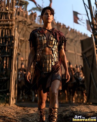 Walking forward through a wooden fortress gate, a woman armored in gold