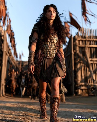 A dark-haired woman armored in gold walks down a dirt road in a wooden fort