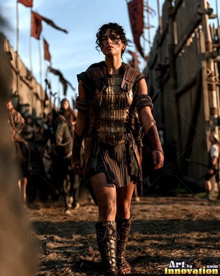 In a wooden fortress, a dark-haired woman in leather armor walks forward