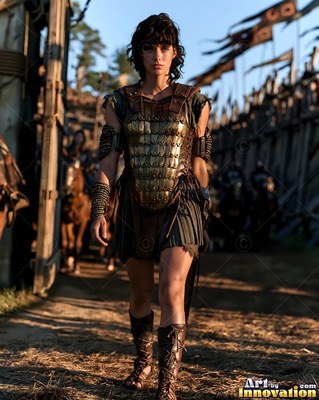 Walking through a wooden gate, a dark-haired woman wears scale armor in warm light