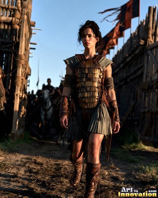 A woman in gold armor walking through a wooden fort camp