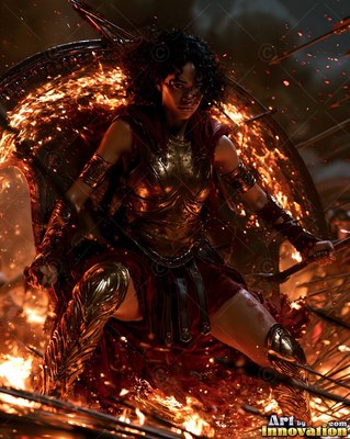 A woman warrior crouches with a burning shield while orange sparks fly around her gold armor