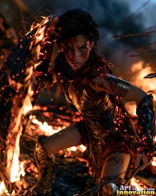 Crouching low on a burning battlefield, a bruised woman holds up a fiery shield
