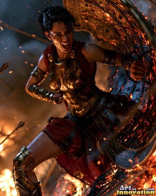 A fierce woman in a bronze breastplate swings a round shield by firelight