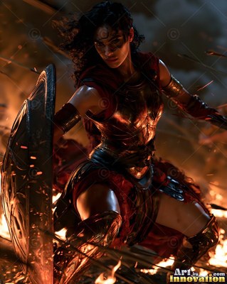 In a dark battlefield of fire, a woman in bronze armor crouches with a shield