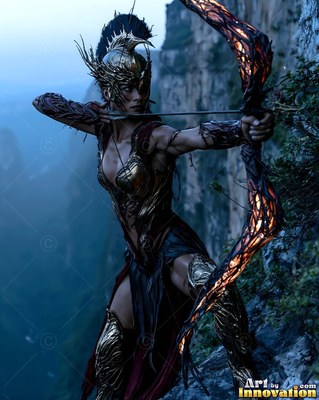 Woman clad in a gold helmet aims a fiery wooden bow on a cliffside
