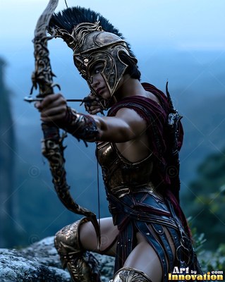 A crested bronze helmet shades a woman as she draws her bow on a dim rocky mountain peak