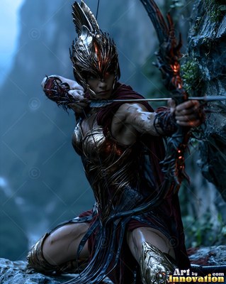 A woman in bronze armor aims a curved bow on a cliff in cool blue light