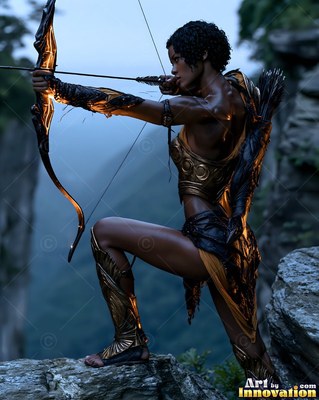 Crouched on a rocky cliff, an armed woman aims her bow at dusk