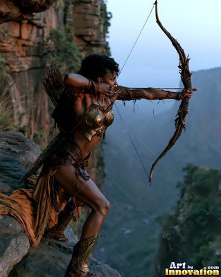 A warrior woman in gold armor aims a long wooden bow on a high rocky cliff
