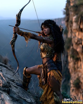 On a rocky cliff, a woman in golden armor draws back a long bow