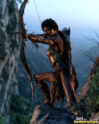 Aiming a wooden bow, a Black woman in a gold chest plate crouches on a high cliff