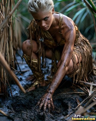 A blonde woman crouches in the mud among tall reeds under dim green light