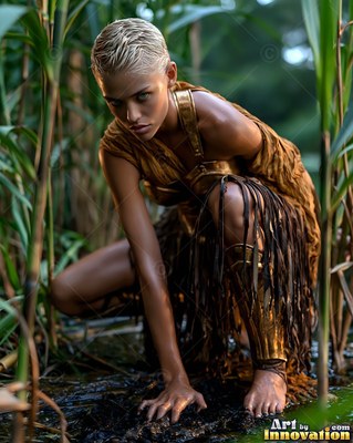 Crouching in tall reeds, a blonde woman wears a gold top and leather fringe skirt