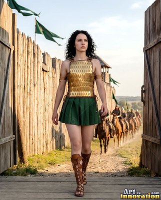At a wooden fort gate, a woman wearing gold armor and a green skirt walks ahead of riders
